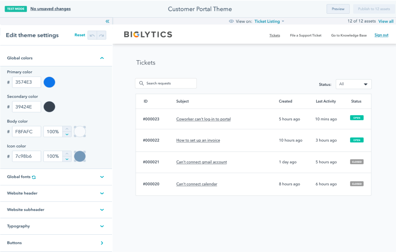 View of the customer Portal Theme editor